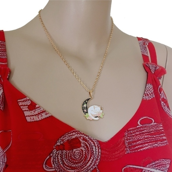 HAND-CRAFTED Jewelry Necklace Lg Pendant Kitty on black floral moon Gold plate - Picture 3 of 8